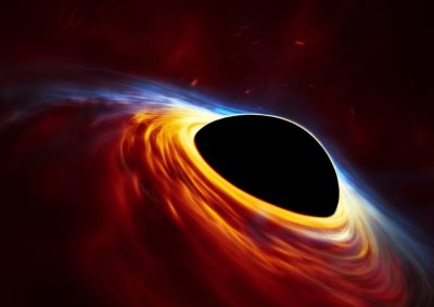Umělcova představa rapidně rotující černé díry obklopené akrečním diskem.