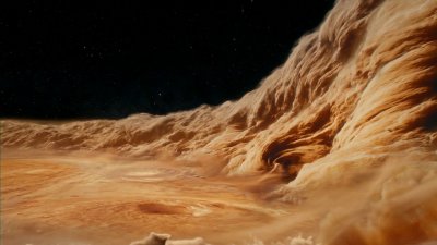 Představa umělce o tom, jak by mohl vypadat průlet těsně nad Velkou rudou skvrnou na Jupiteru.
