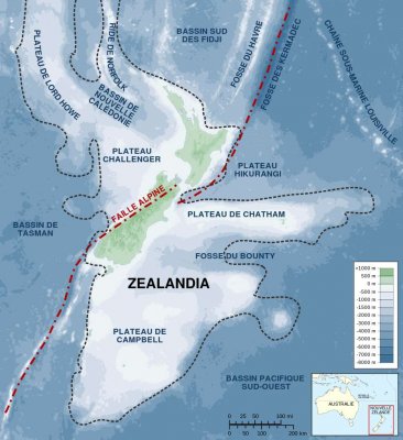 Zealandia, potopený kontinent o velikosti zhruba poloviny Austrálie, obklopuje Nový Zéland.