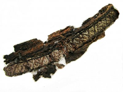 Pruh tkaniny z vikingského hrobu, který byl součástí pohřebního oděvu.