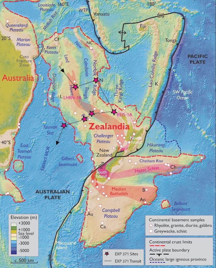 Detailní mapa expedice IODP 371 k prozkoumání Zealandie.