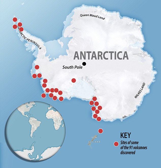 Pozice některých nově objevených sopek v Antarktidě.