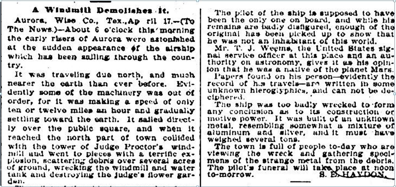 Člínek, který vyšel v novinách Dallas Morning 19.4.1897, popisuje havárii v Auroře.