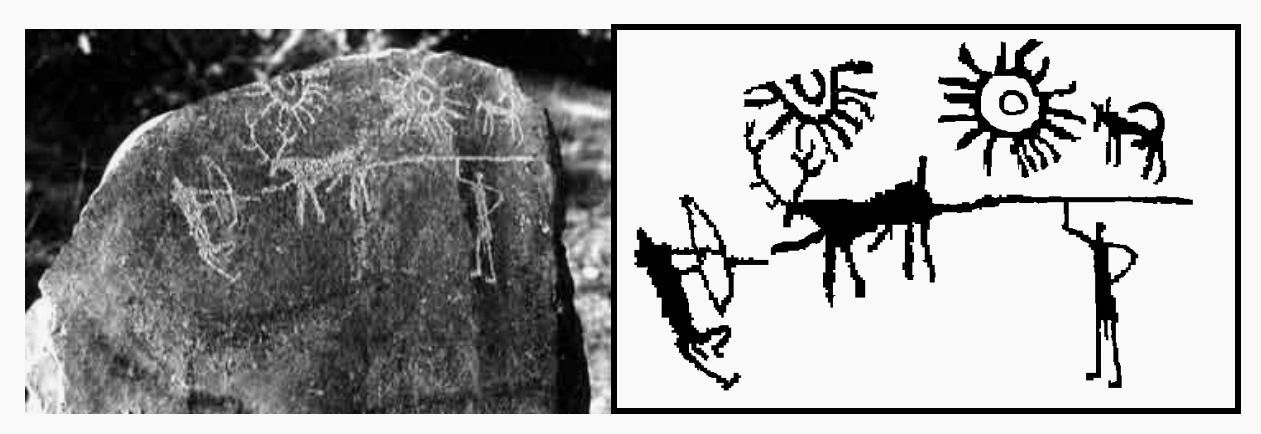 Původní kámen se zobrazením supernovy, Měsíce, zvířat a lidí.