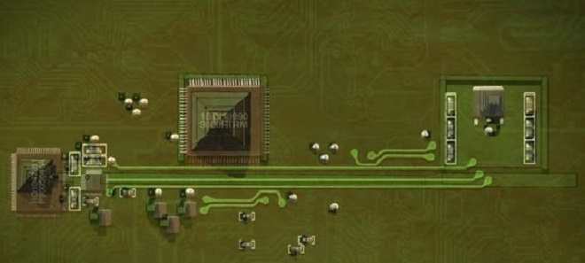 Ilustrace počítačového obvodu s rozložením inspirovaným Teotihuacánem.