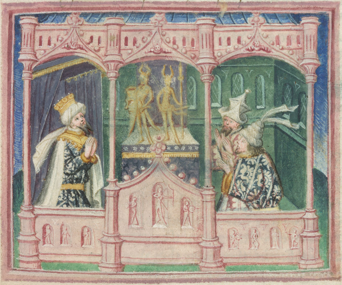 Scéna zachycující Lothbrok, králé Dánů a jeho syny Hinguara a Hubbu, jak se modlí k bohům.