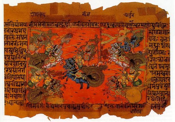 Ilustrace bitvy u Kurukšétry ve které se podle Mahábháraty střetly znepřátelené klany Pánduovců a Kuruovců.