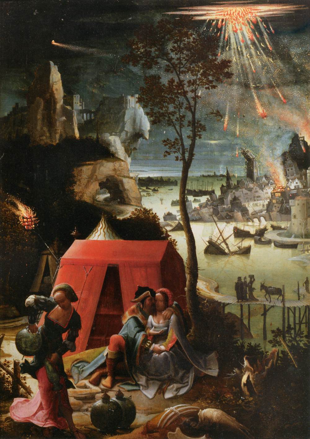 Zničení Sodomy a Gomory na pozadí Lota a jeho dcer. Lucas van Leyden, 1520