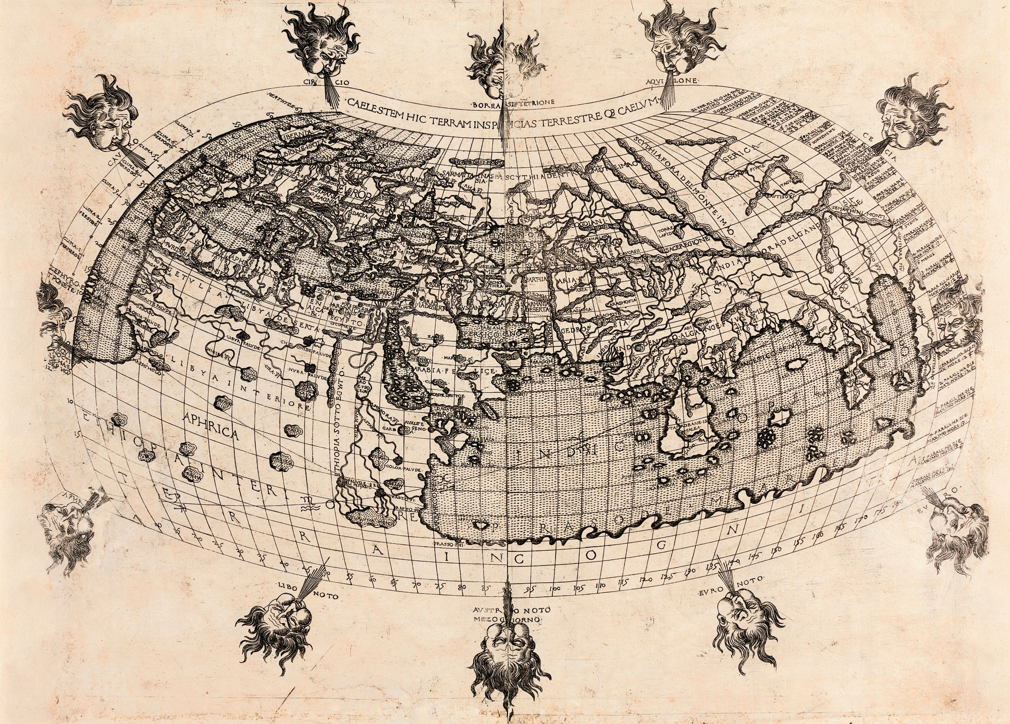 Mapa světa, kterou vytvořil slavný geograf a astronom Claudius Ptolemaeus.