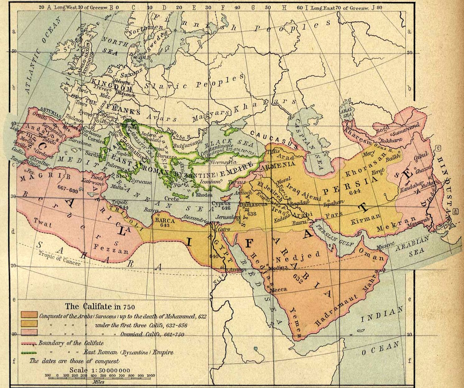 Chalífát, kterému vládli Umajjovci, se rozprostíral od Portugalska až po Indii.