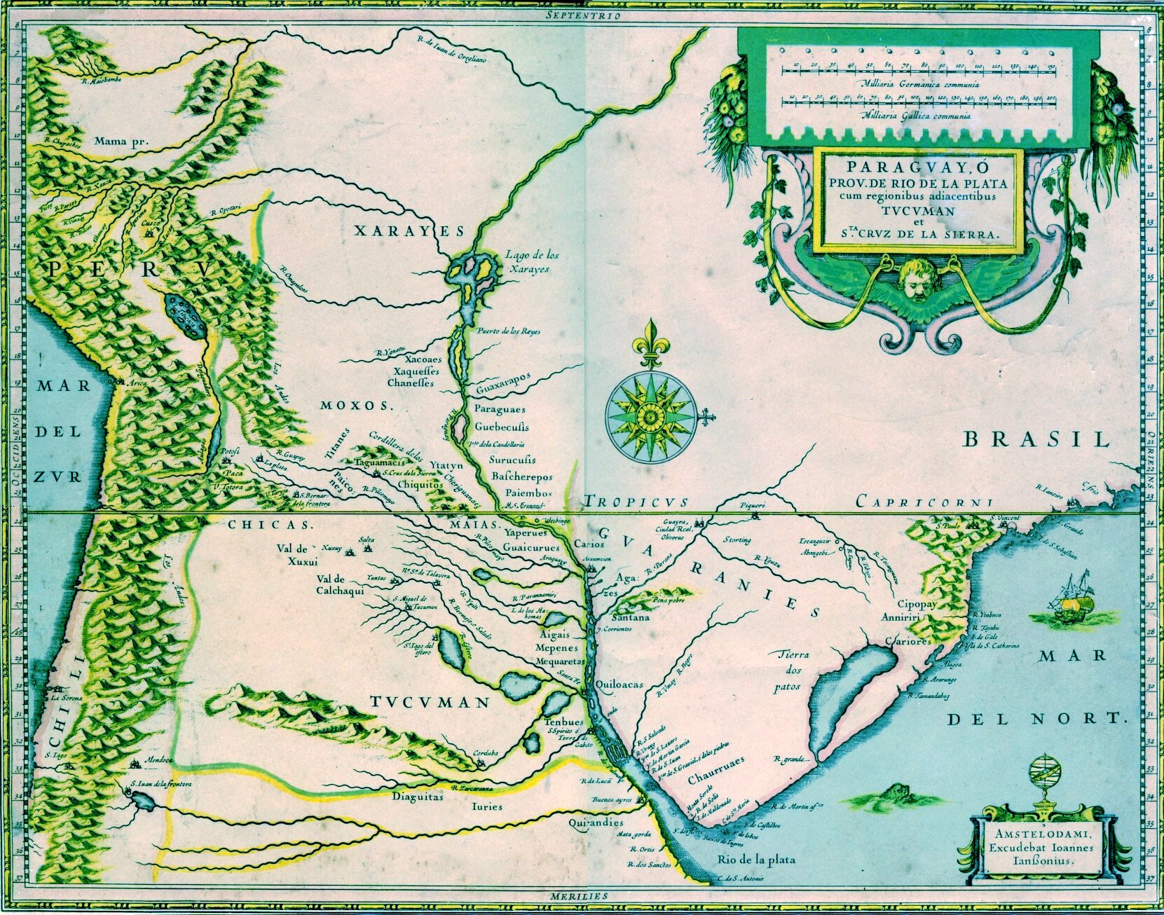 Mapa, kterou vytvořil kolem roku 1600 Jodocus Hondius znázorňuje oblast Moxos a údajnou lagunu Laguna de los Xarayes.