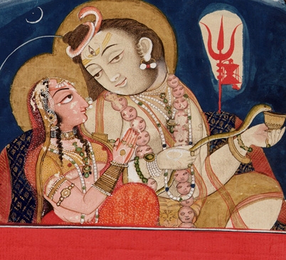 Šiva jako hospodář s manželkou Párvatí, jak je zobrazen na malbě Rádžpútů z roku 1820.