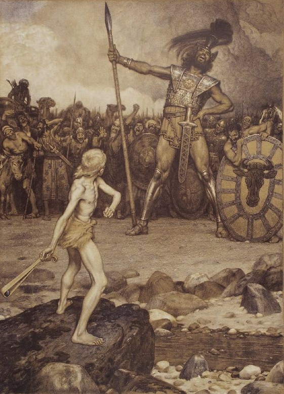 Ilustrace bitvy Davida a Goliáše od Osmara Schindlera, 1888