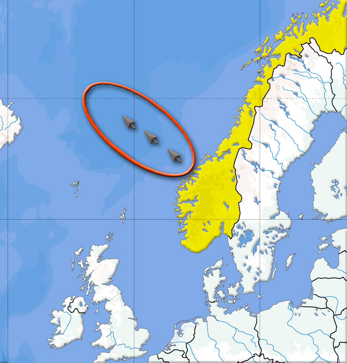 Směr tsunami Storegga: podle jedné z teorií tato událost zaplavila Doggerland a vedla k jeho opuštění.